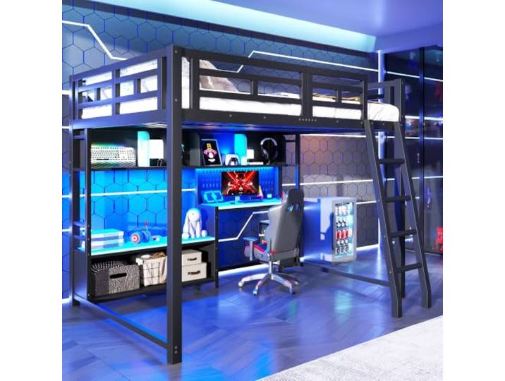 BTM Gaming Hochbett Jugendliche 140x200 mit LED, Stauraum & Schreibtisch