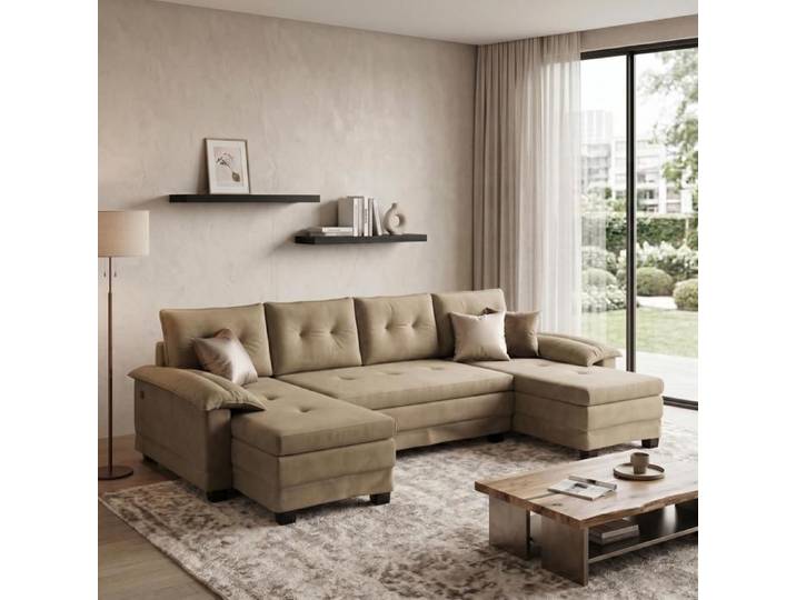Canapé modulable FurnitureR 278 cm U-Form convertible avec lit USB accoudoirs amovibles chenille – Kaki
