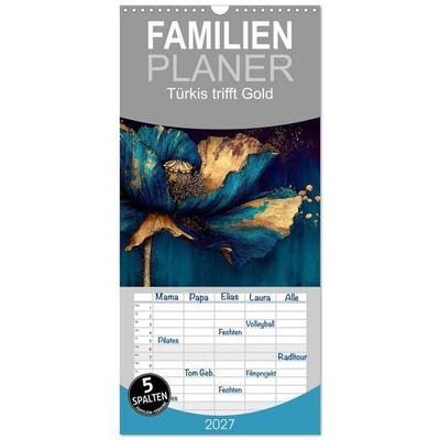 Familienplaner 2027 - Türkis trifft Gold mit 5 Spalten (Wandkalender, 21 x 45 cm) CALVENDO