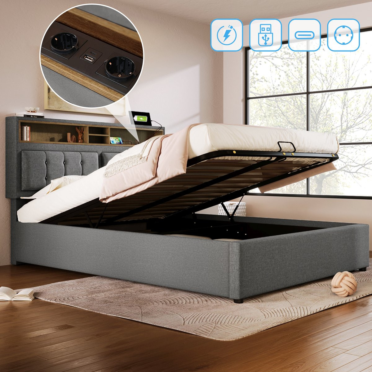 Polsterbed Opbergbed 160x200 cm - Grijs Linnen - Met USB-laadfunctie, Verstelbaar Hoofdeinde en Lattenbodem