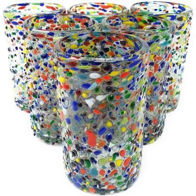 Dos Sueños Dos Suenos Hand Blown Mexican Drinking Glasses - Set of 6 Confetti Rock Design Glasses (14 oz each)