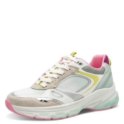 Plateausneaker TAMARIS, Damen, Gr. 37, Textil, bunt (türkis kombiniert), Lederimitat, Textil, kontrastfarbene Details, Schuhe Plateausneaker, Freizeitschuh, Halbschuh, Schnürschuh in farbenfrohen Design