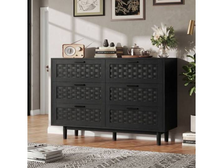 Buffet Bas Salle à Manger Bois & Noir Bahut Moderne 6 tiroirs Meubles Rangement Salon Commode pour Salle a Manger Cuisine Couloir