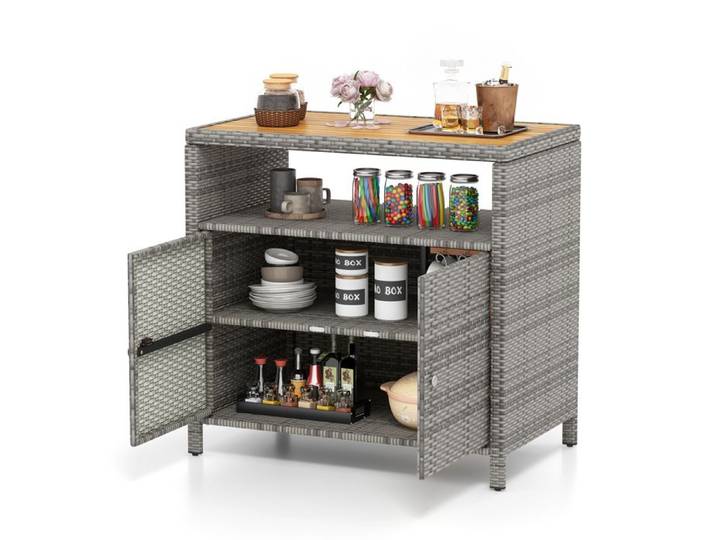 COSTWAY Coffre de Rangement en Rotin avec Plateau en Acacia 2 Portes Armoire de Jardin en Osier pour Piscine Terrasse Patio Gris