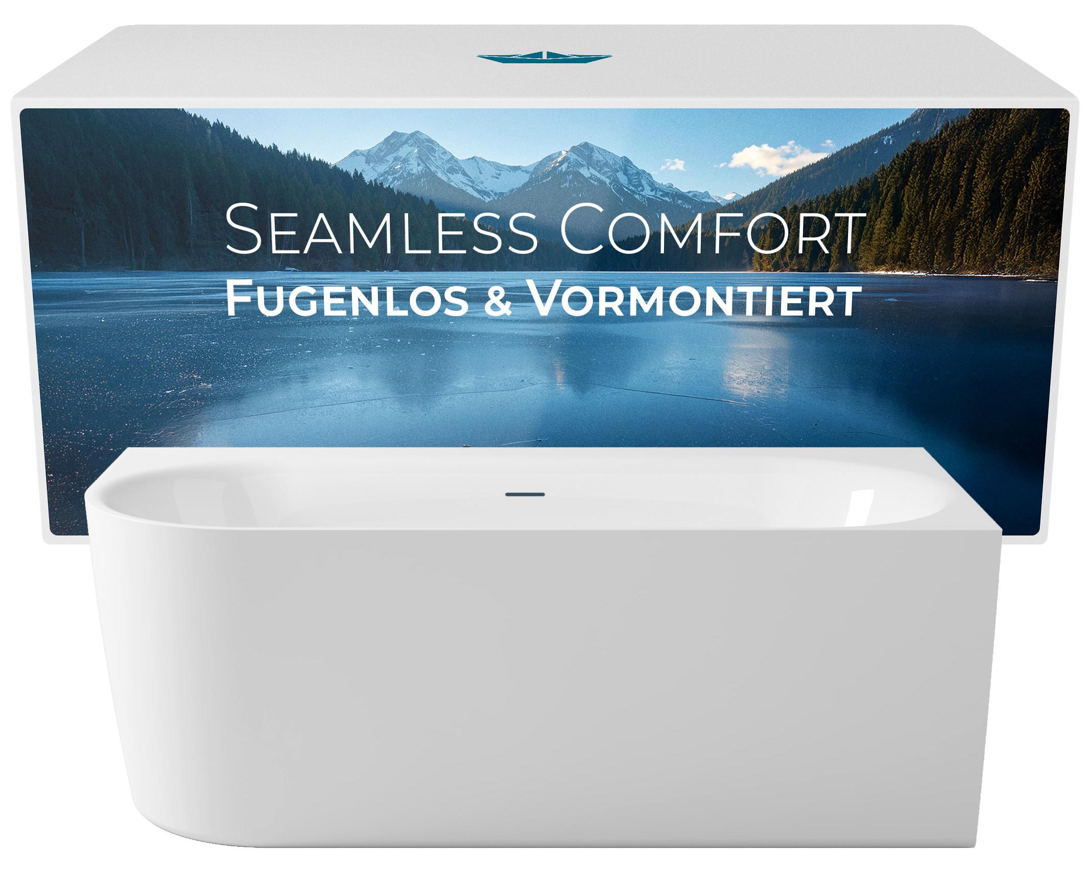 Calmwaters Vorwand-Badewanne 160x75 cm Komplettset Seamless Comfort, fugenloses Design, vormontiert mit Schürze & Ablaufgarnitur, linke Ausführung, EU, Acryl, 02SL6225