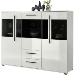 HIGHBOARD weiß Hochglanz 160 cm, Vitrine mit 11 Fächern, Soft-Close