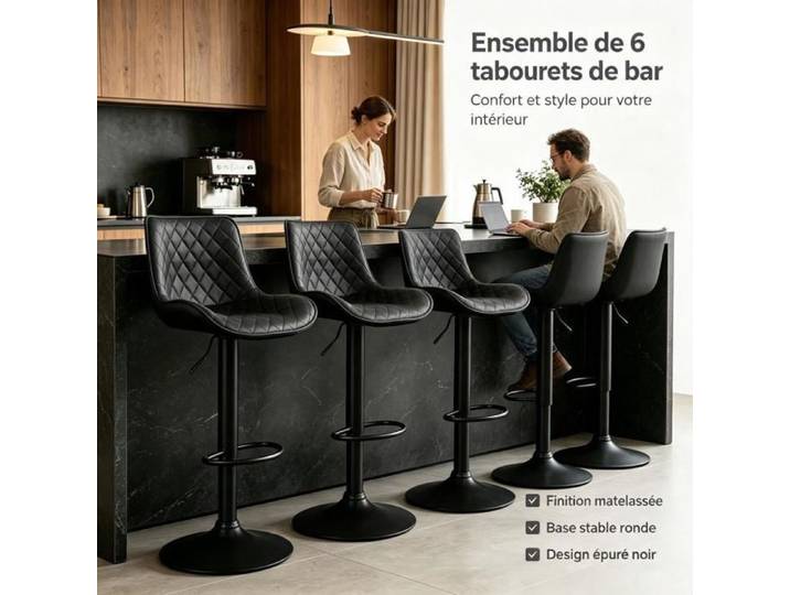PIPIPOXER Lot 6 Tabourets de Bar PU Losange Vérin 330L Classe1 Ensemble Professionnel Réglable Café Bistrot Gîte.49x38x83/103