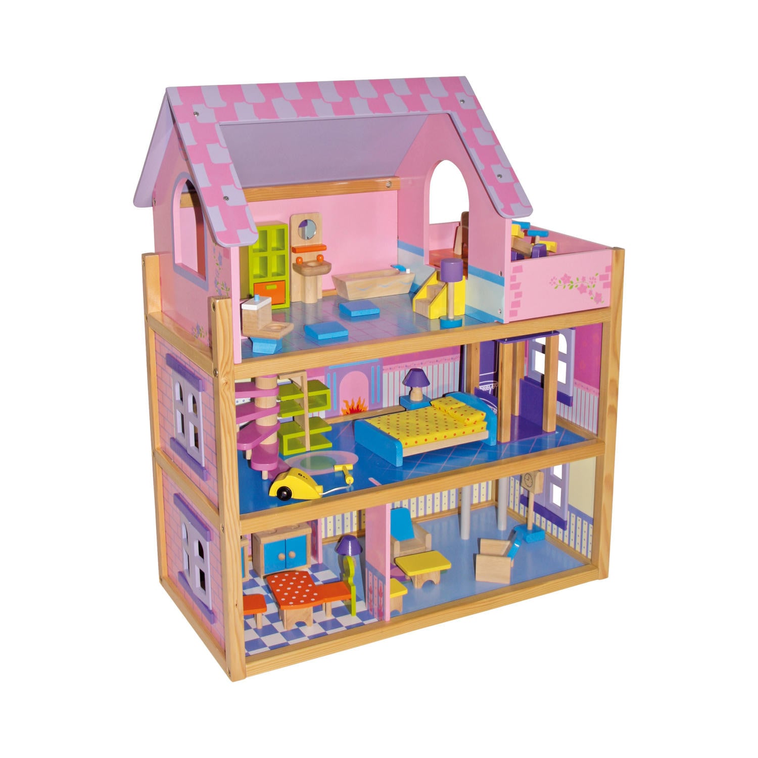 Groot houten poppenhuis in roze kleur