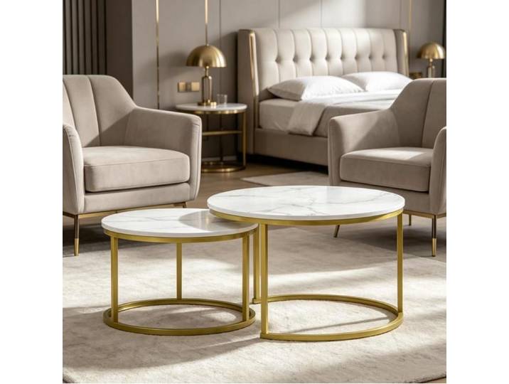 Table basse ronde – lot de 2 – blanc et or – effet marbre – design moderne
