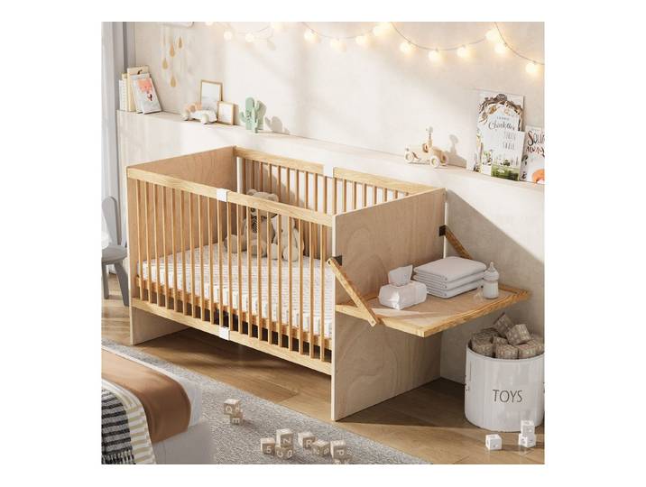 Flieks Babybett, Gitterbett 70x140cm mit Ablage, 4-stufige Lattenrost-Höhenverstellung