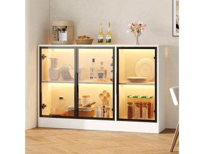 Vitrine en verre avec lumineuse LED 120x30x73 cm façades en verre gris Highboard Buffet Armoire de Présentation blanc