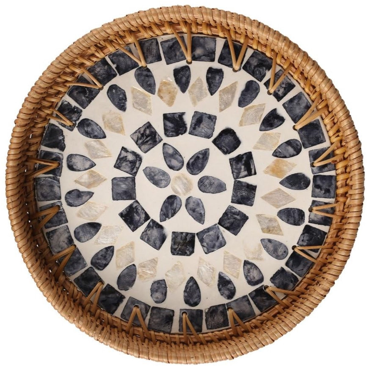Dailygoods Rond Rotan Dienblad met Schelpinleg - 22 cm - Boheemse Stijl