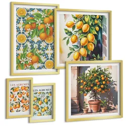 BILDER SET 5er Set - 50x50 cm & 20x30 cm & 40x60 cm Goldrahmen - Retro gelbe Zitrusfrüchte