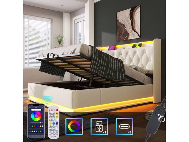 Lit rembourré intelligent 160x200 cm coffre hydraulique chargement USB Type-C éclairage LED surround 360° PU blanc