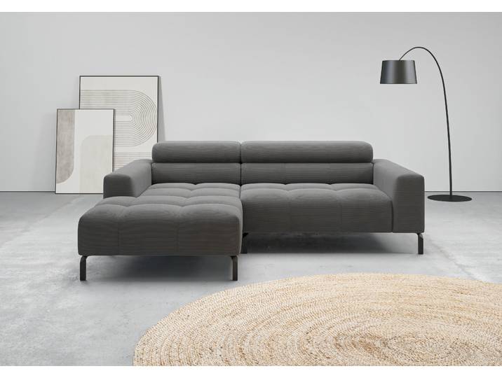 Ecksofa, Feincord, Anthrazit, 223×179 cm, Mit Kopfteilverstellung, Modern, Home-affaire