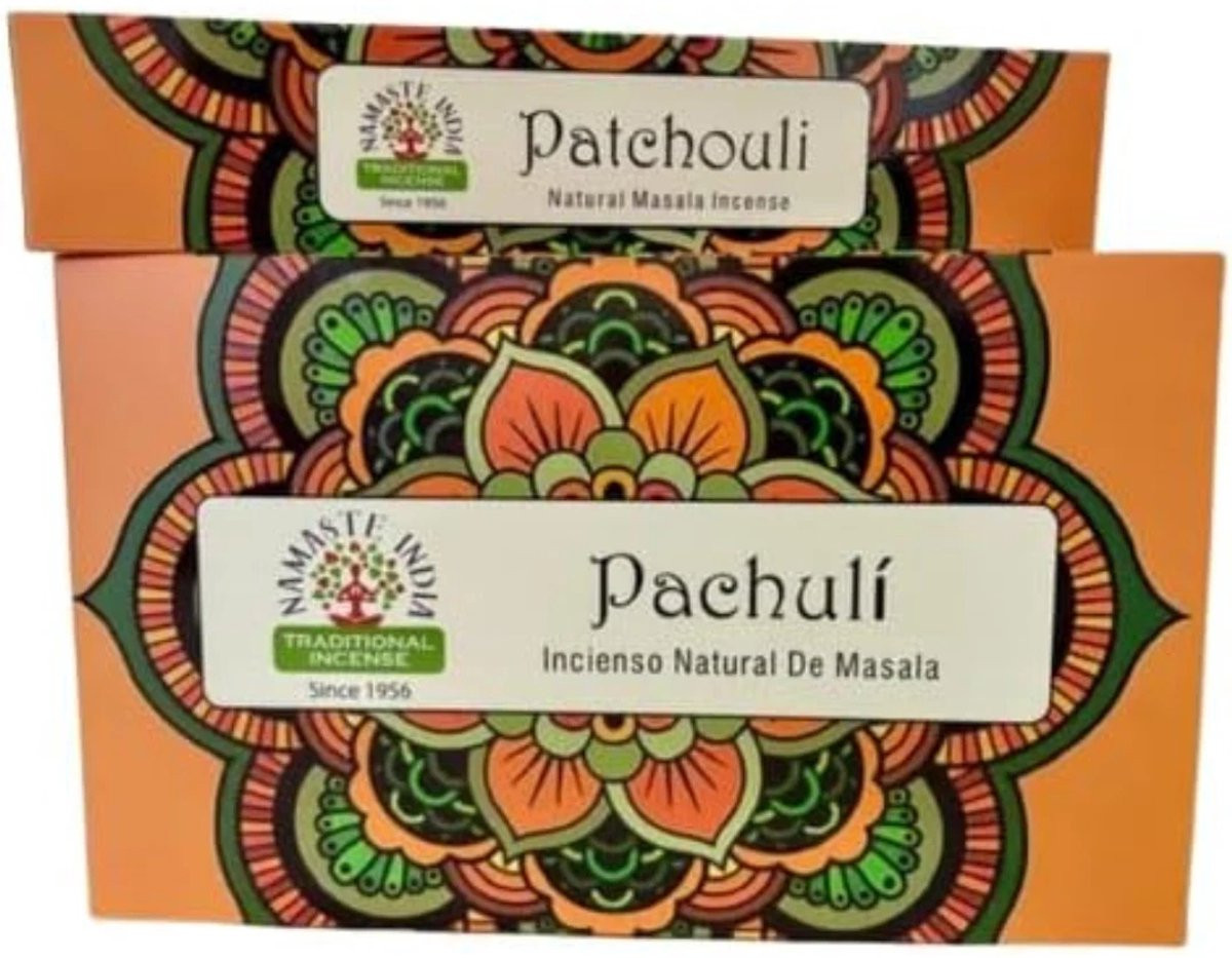 Namaste India Wierookstokjes Patchouli - 12 x 15g (240 stuks) - Handgemaakte natuurlijke wierook met Kajal sticker