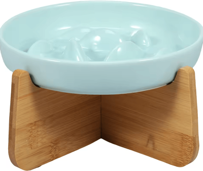 Inspire Curations ElevaPaws Ceramic Slow Feeder Cat Bowl With Wooden Stand light Green