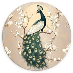 WANDBILD Pfau - Zweig - Blumen Deko Groß 150x150 cm