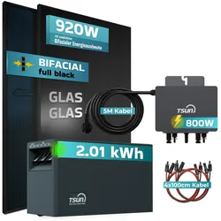 SUNNIVA® 920W Balkonkraftwerk mit 2,01 kWh Speicher TSUN TSOL SOLARCAN & 800W Wechselrichter, BIFAZIAL FULLBLACK komplett Steckdose, PV Solaranlage Komplettset mit Solarspeicher, 2x460W N-Type Glas