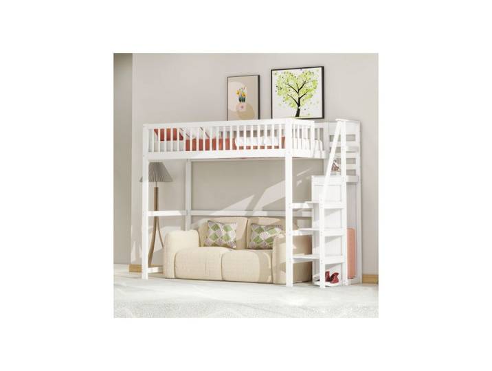 Lit Mezzanine Enfant 90x200 cm - Avec Escalier Etagère & Armoire Ouverte - Bois Blanc