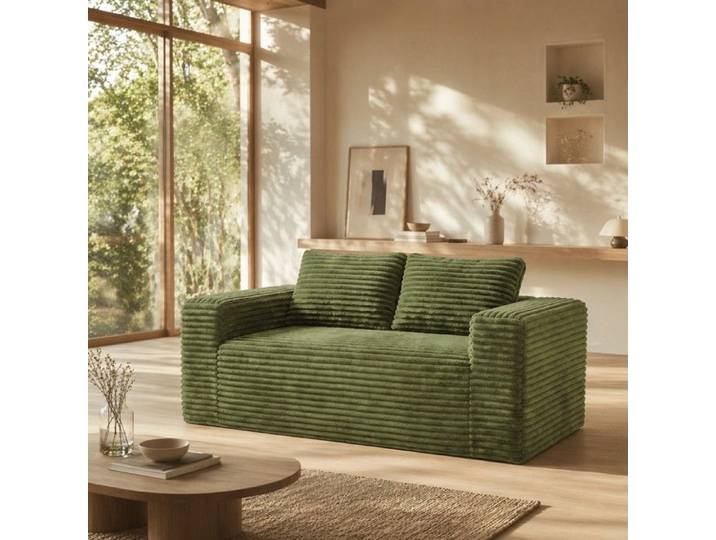 Canapé 2‑places vert en velours côtelé 160x88x58cm mousse confortable sans assemblage modèle moderne pour petit logement