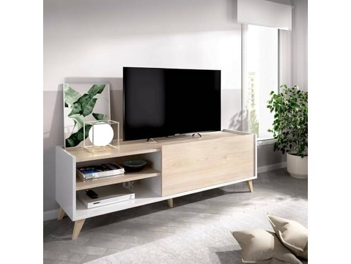Dmora - Asinara TV-Schrank, niedriges Wohnzimmer-Sideboard, Wohnzimmer-Sideboard für Fernseher, 155 x 43 x 47 cm, Eiche und Weiß
