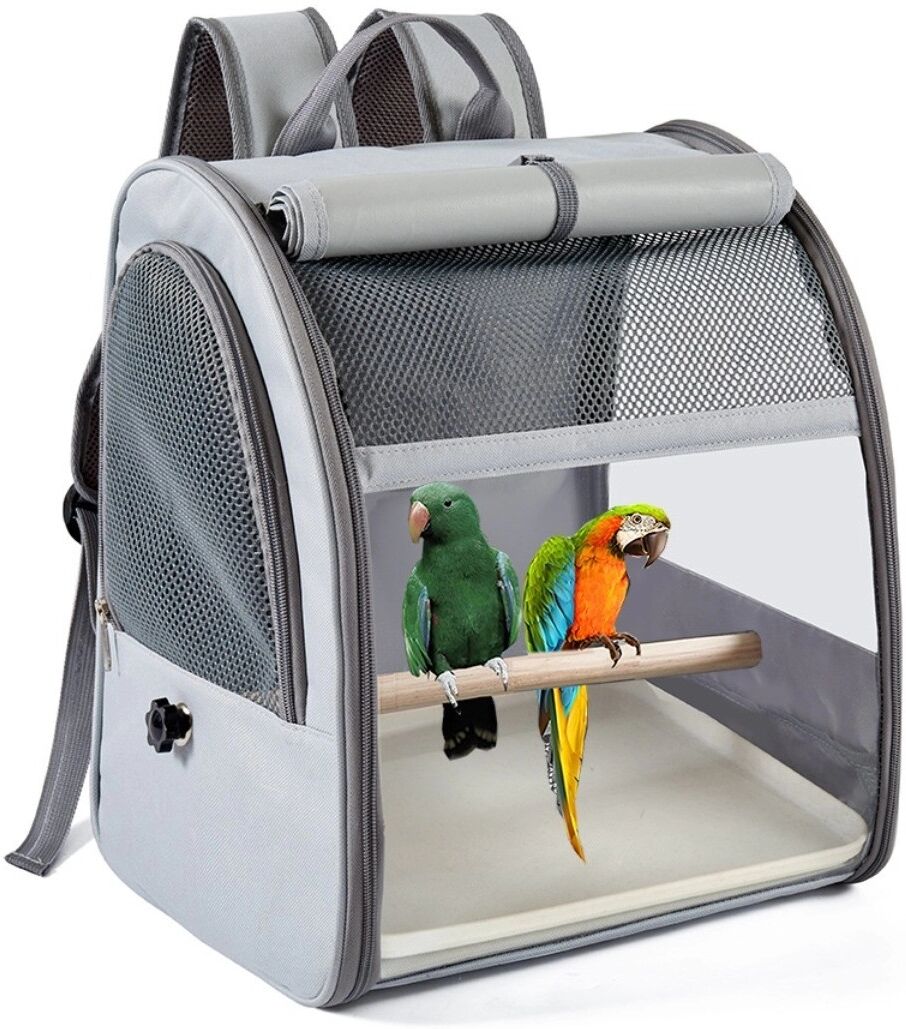 INF Sac à dos transport pour oiseaux grande capacité respirant - Polyester gris, bretelles doubles, ventilé pour perroquets et