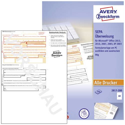 Avery-Zweckform Überweisung Formular SEPA DIN A4 Anzahl der Blätter: 200 2817-200
