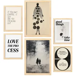 POSTER Set Mit 6 Abenteuerlich In Vielseitiger A3 & A4 Rahmen Aus Hellem Holz