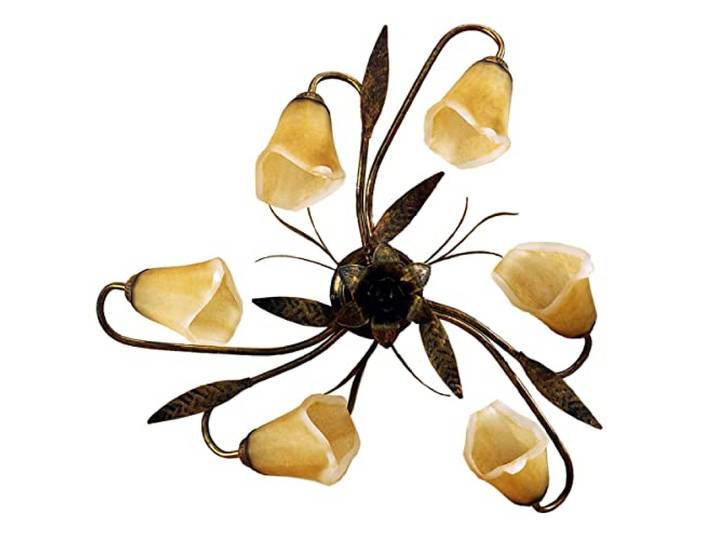 ONLI - Plafonnier 6 lumières en métal marron avec nuances dorées et verres ambre