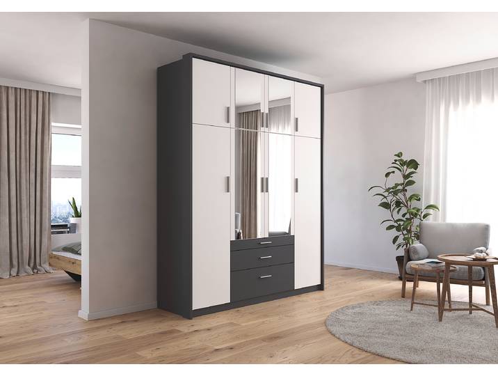 Drehtürenschrank Hildesheim Passepartout 185cm Grau/Weiß/Alpinweiß/Graumetallic mit Spiegeltür/-en