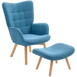 MODFU Ohrensessel mit Hocker Cord Blau 72x80x101 cm mit hoher Rückenlehne getuftetem Design Buchenholzbeine bequemes Polsterset