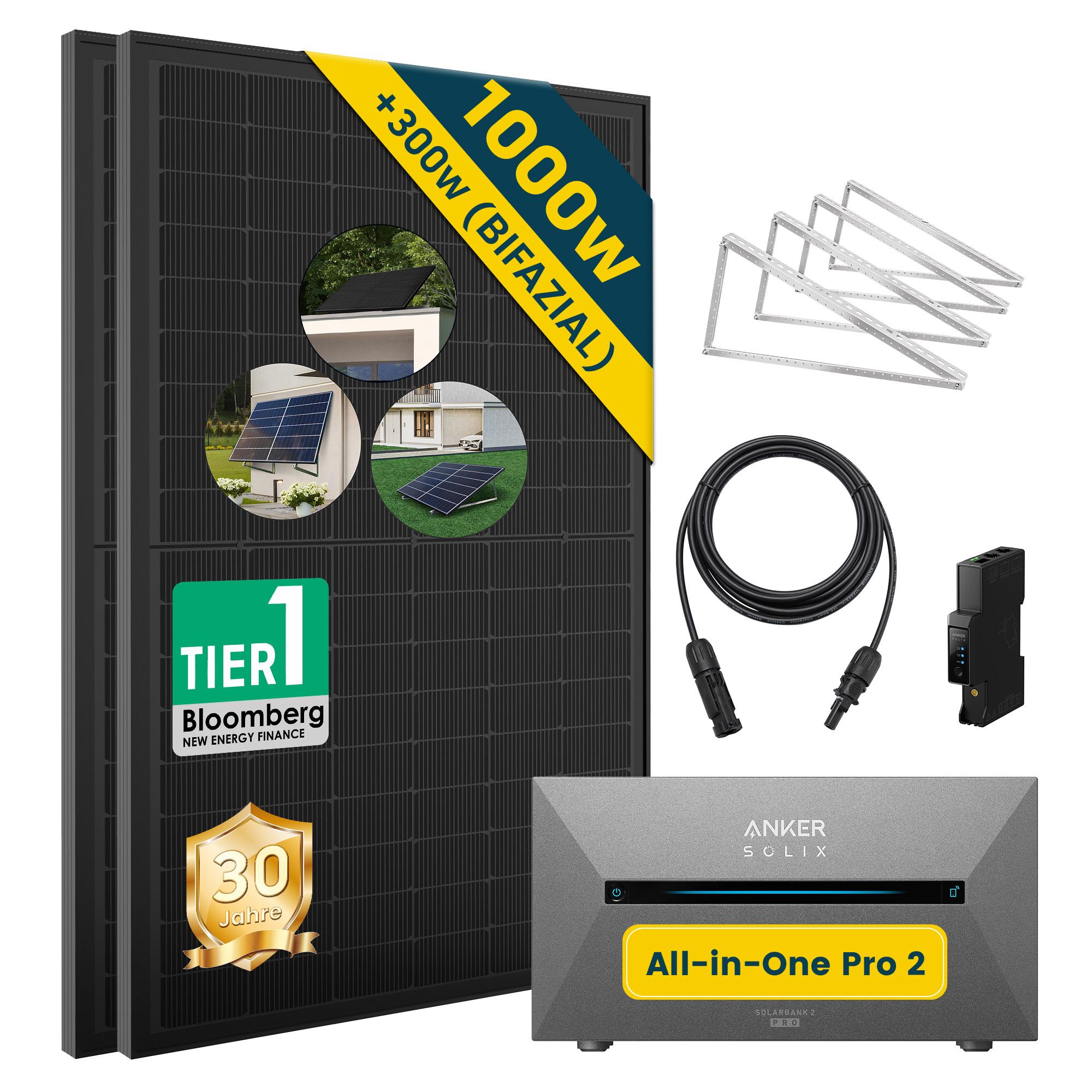 Balkonkraftwerk mit Speicher Anker Solix Solarbank 2 E1600 PRO, 1000W + Flachdach Halterung