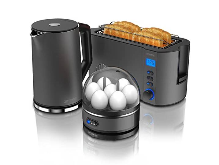 Arendo - Wasserkocher mit Toaster SET, Toaster MANHA mit Eierkocher SEVENCOOK Edelstahl Grau, Toaster 4 Scheiben, LED-Display, 6 Bräunungsgrade, Brötchenhalter - Eierkocher 1-7 Eier, Messbecher