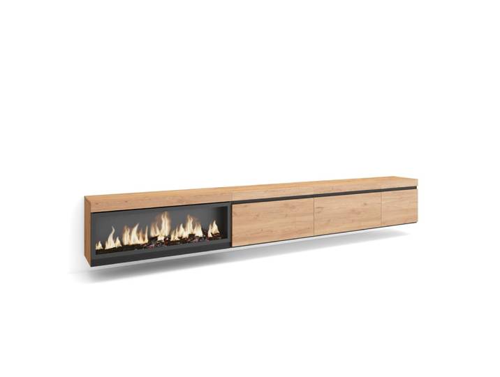 Meuble tv effet bois de chêne 317x35x45cm cheminée effet feu xxl