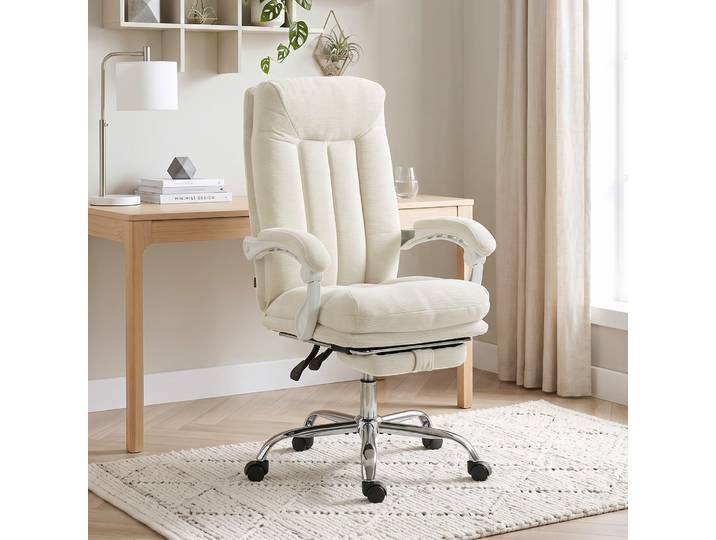 HOMCOM Chaise Bureau Ergonomique Inclinable Chenille Crème