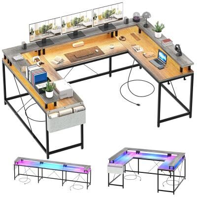 Cathe U Shaped Desk, 126 Inch Gaming Desk with Monitor Stand and LED Lights