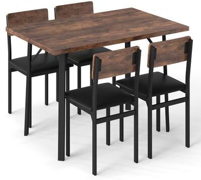 Costway 5-Piece Dining Table Set for 4 People Industrial Kitchen Table and 4 PU Leather Chairs-Brown