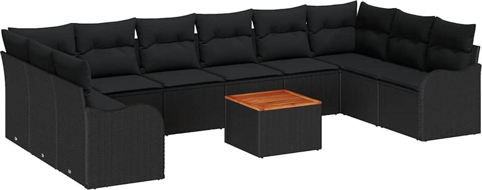 Modulares Gartenmöbel-Set, 11-teilig, für 10 Personen, Poly-Rattan & Akazienholz, Schwarz, wetterfest & UV-beständig, mit Stauraum