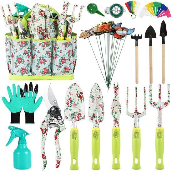 Unyqoos Tuingereedschapset 17-delig met bloemenmotief, aluminiumlegering en koolstofstaal, inclusief handschoenen en opbergtas