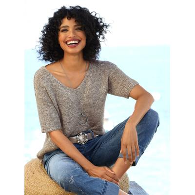 Kurzarmpullover HEINE "Pullover", Damen, Gr. 46, beige (schlamm), 46% Polyester, 31% Polyacryl, 23% Polyamid, unifarben, Pullover