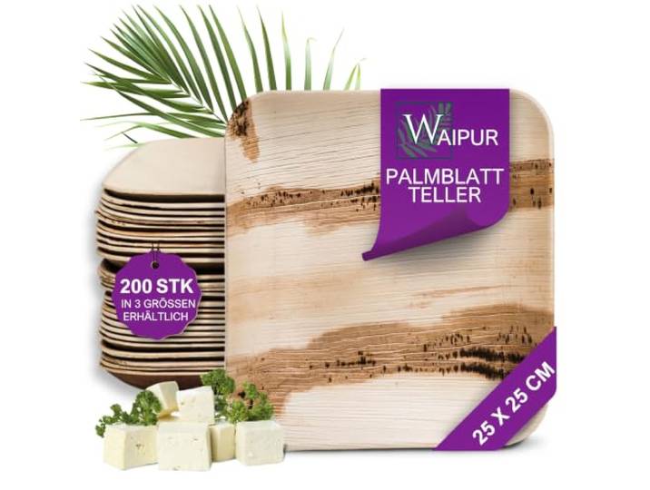 Waipur Palmenblatt-Teller - 200 Teller groß eckig 25x25 cm - naturbelassen Premium Einmalteller aus natürlichem Palmblatt, stilvolles Partygeschirr mit natürlicher Maserung, plastikfreies Geschirr