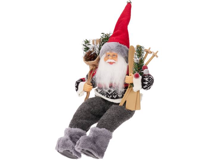 Weihnachtsmann sitzend mit Tasche und Skiern, 20 x 10 x 30 cm, grau/rot