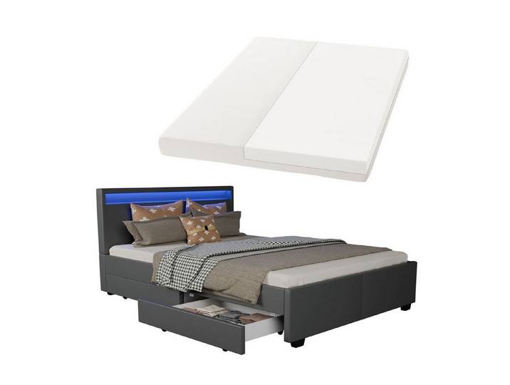 Juskys Polsterbett Lyon mit Matratze, 140x200 cm, ausziehbare Bettkästen, LED-Licht, inkl. Matratze