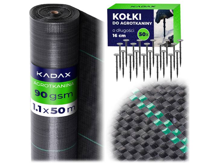 Tissu de jardinage KADAX noir 1,1x50 m tapis anti-mauvaises herbes 90g/m² + 50 piquets