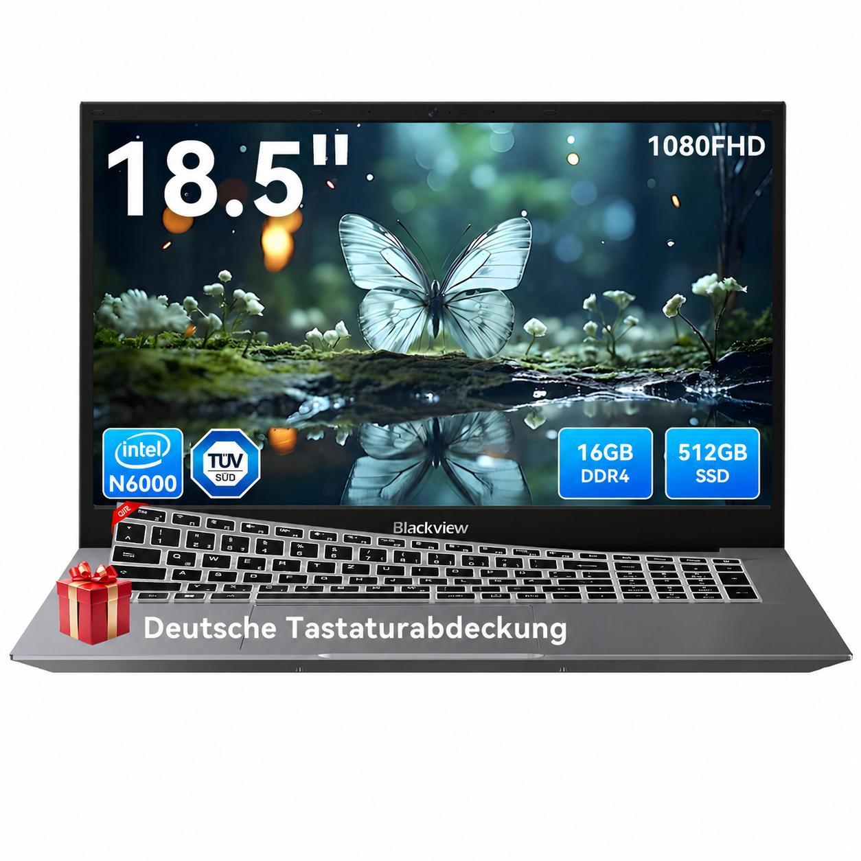 Blackview Acebook 10, 18.5" Laptop, FHD IPS Display, 16GB+512GB, Intel N6000 Notebook, Windows 11 Pro, incl. Silikon-Tastaturschutz DE