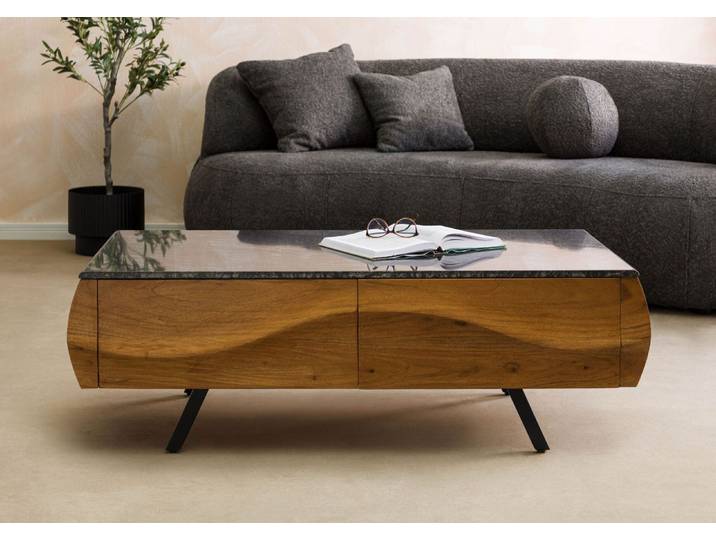 Couchtisch Akazie 124x60x40 natur lackiert / Marmor schwarz MONTREAL #129