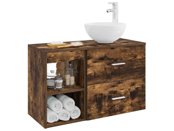 SKTQYQO Badezimmermöbel-Set 2-teilig Eiche Rauch Wand Technisches Holz, 1 Schublade, 1 Einlegeboden, Waschbecken inklusive, Bohrspitzen