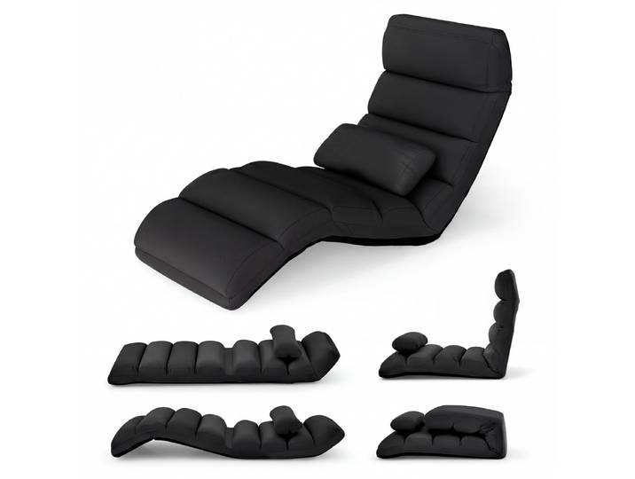 Relaxstoel 5-Voudig Instelbaar Klapstoel met Rugleuning Vloer Stoel met Slaapfunctie Luie Bank voor Gaming Slapen Lezen Zwart