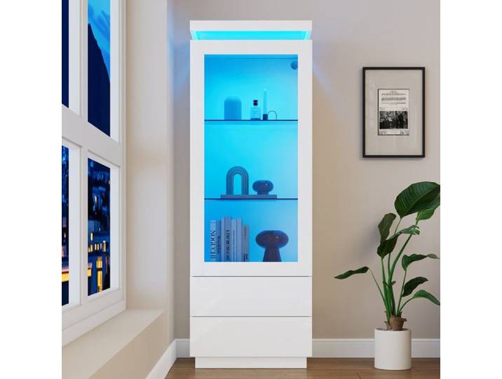 Vitrine 60x40x171cm - avec 2 tiroirs armoire haute brillance vitrine avec LED armoire salon avec portes verre et porte pliante blanc